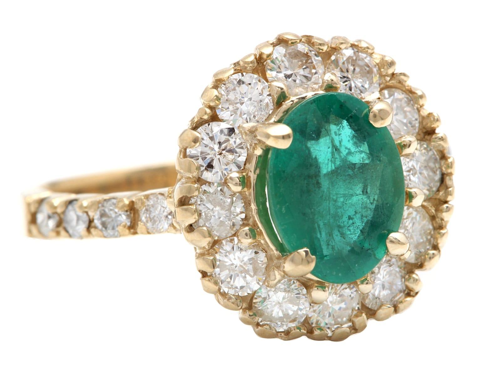 2.50 Carats Natural Emerald and Diamond 14K Solid Yellow Gold Ring

Suggested Replacement Value: Approx. $6,000.00

Total Natural Green Emerald Weight is: Approx. 1.50 Carats (transparent)

Emerald Measures: Approx. 8.60 x 6.60mm

Emerald Treatment: