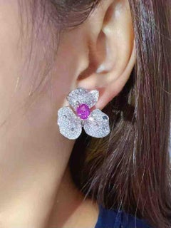 2.50ct Natural Sapphire Large Flower Earrings 4.20ct Diamonds 18K Gold