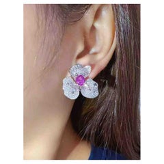 2.50ct Natural Sapphire Large Flower Earrings 4.20ct Diamonds 18K Gold