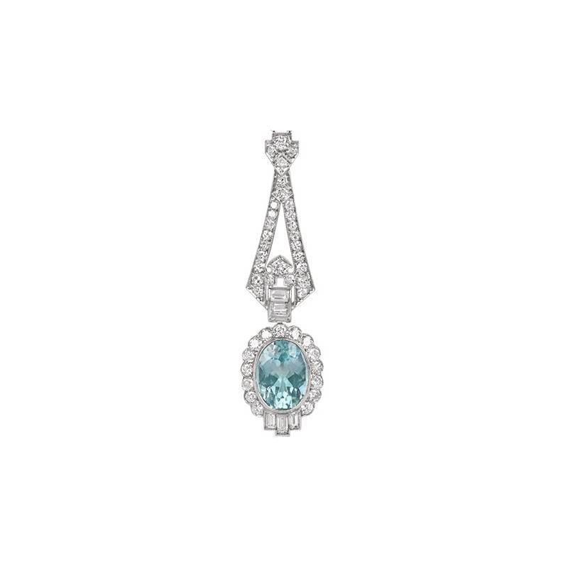 Art Deco 2.50ct Oval Cut Natural Aquamarine Pendant Necklace, Diamond Halo, Platinum For Sale