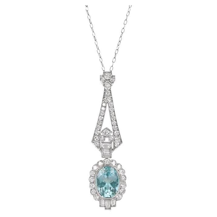 2.50ct Oval Cut Natural Aquamarine Pendant Necklace, Diamond Halo, Platinum