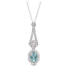 2.50ct Oval Cut Natural Aquamarine Pendant Necklace, Diamond Halo, Platinum