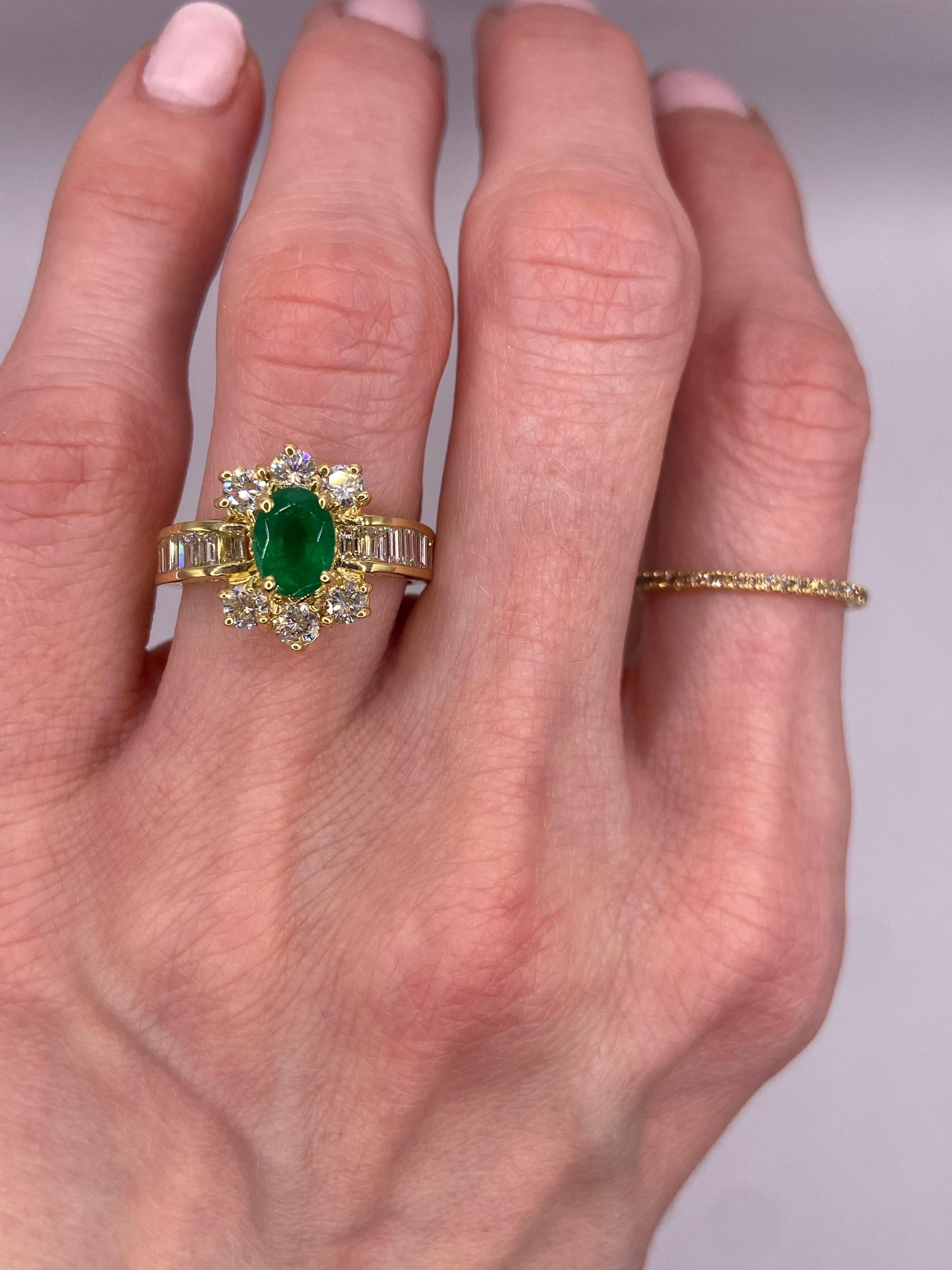 Metal: 18KT Yellow Gold
Finger Size: 6.0
(Ring is size 6.0, but is sizable upon request)

Number of Oval Emeralds: 1
Carat Weight: 1.00ctw
Stone Size: 7 x 5mm

Number of Baguette Diamonds: 14
Carat Weight: 0.90ctw

Number of Round Diamonds: 6
Carat
