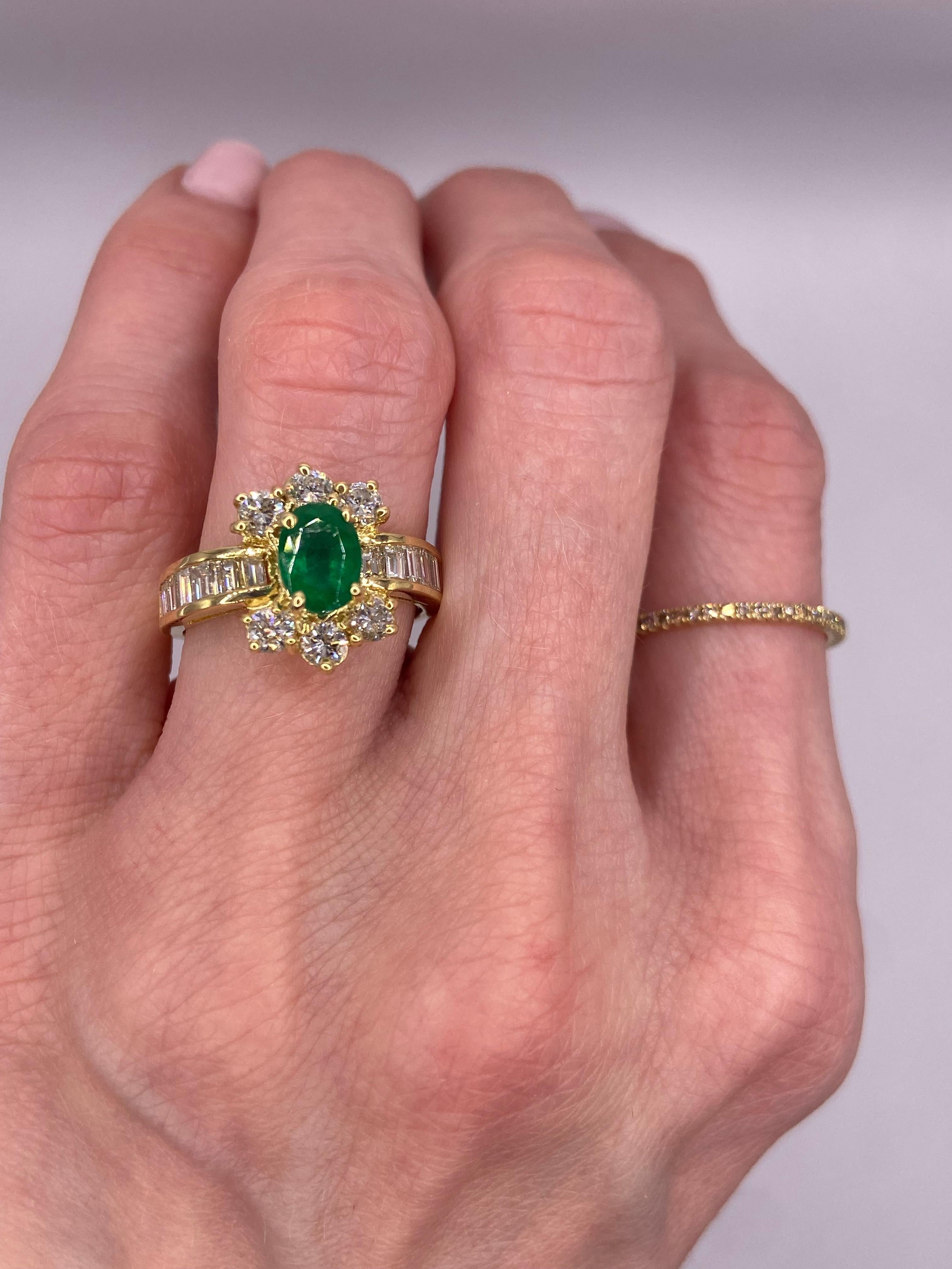 Oval Cut 2.50ct Oval Emerald & Baguette Diamonds Ring in 18KT Yellow Gold For Sale