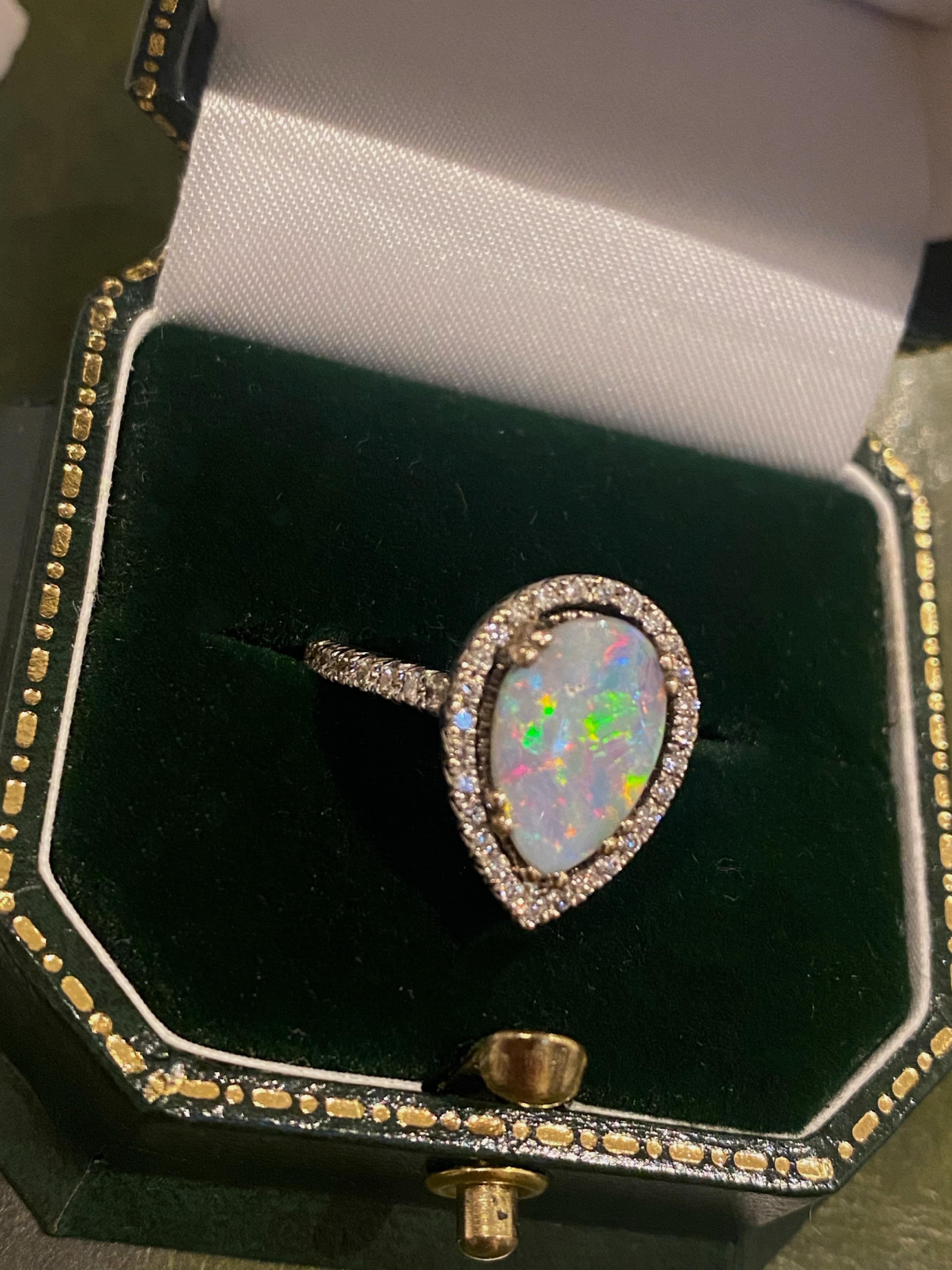 Modern 2.50ct Pear Cut Australian Boulder Opal & Diamond (1.50ct) 18K White Gold Ring For Sale