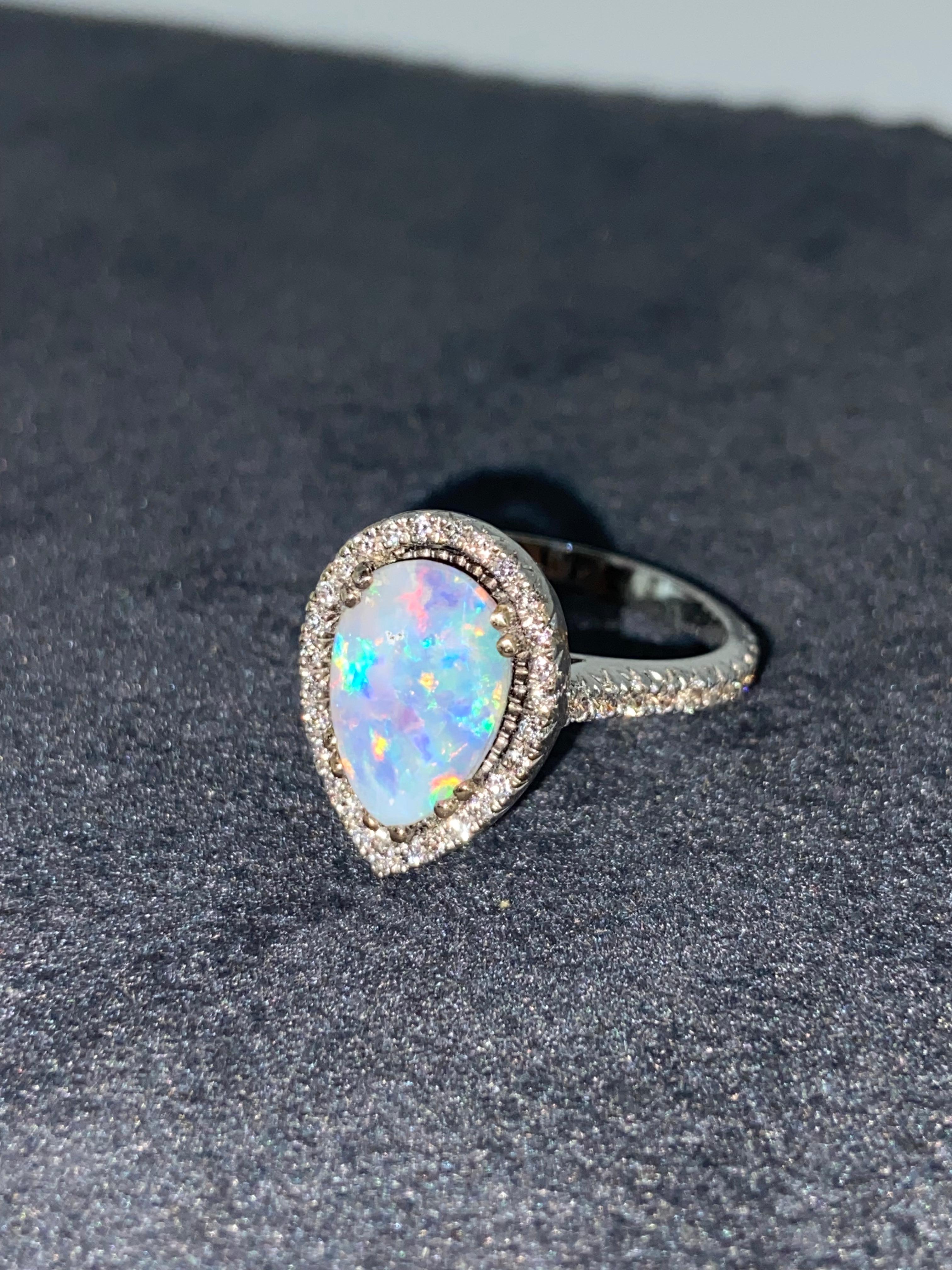 2.50ct Pear Cut Australian Boulder Opal & Diamond (1.50ct) 18K White Gold Ring In Excellent Condition For Sale In MELBOURNE, AU