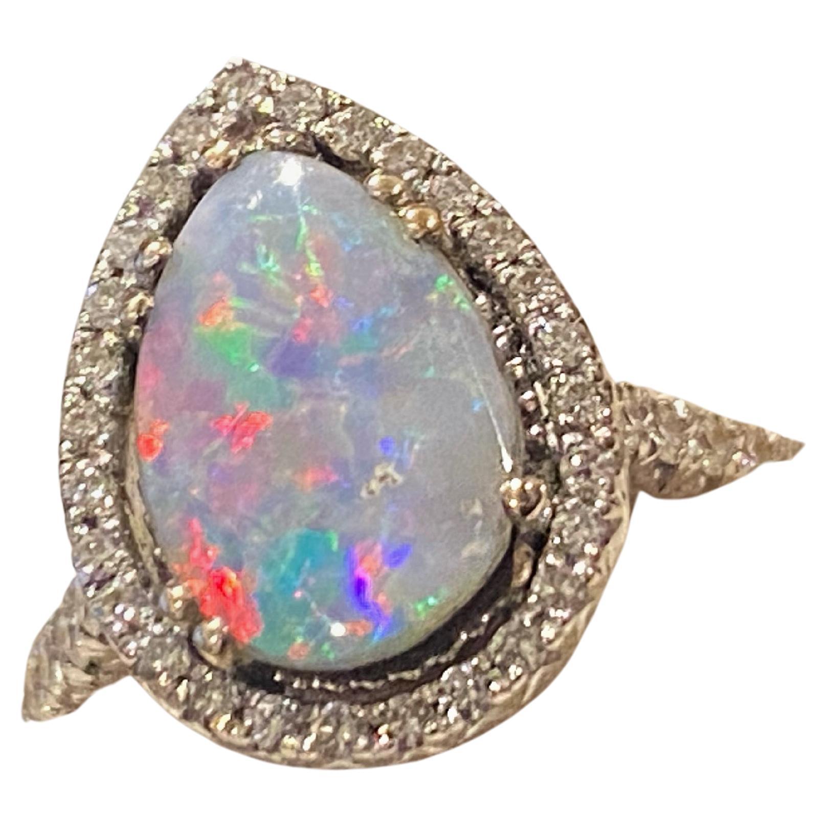2.50ct Pear Cut Australian Boulder Opal & Diamond (1.50ct) 18K White Gold Ring For Sale 1