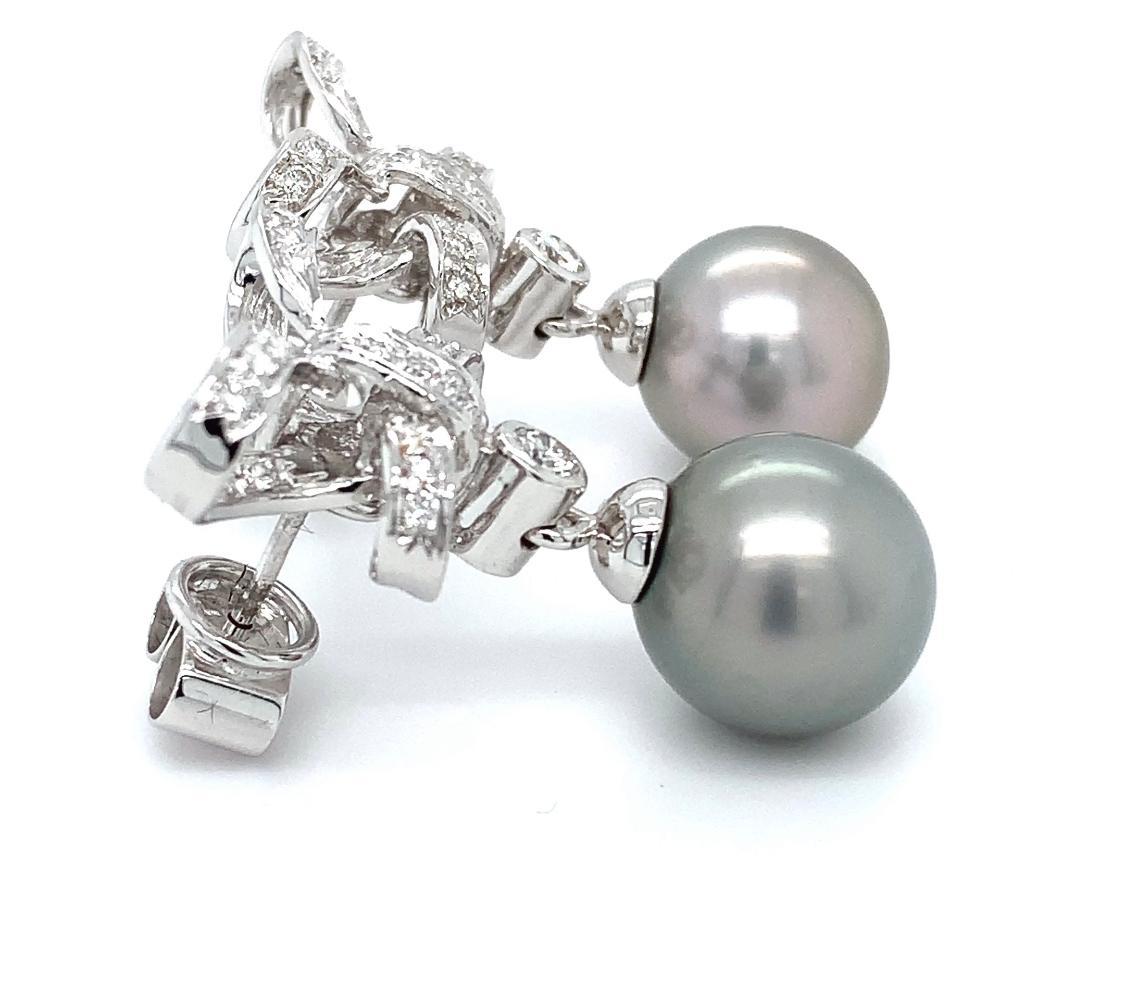 2.50ct Tahitian Grey Pearl and Diamond Drop Earrings 18K White Gold For Sale 4