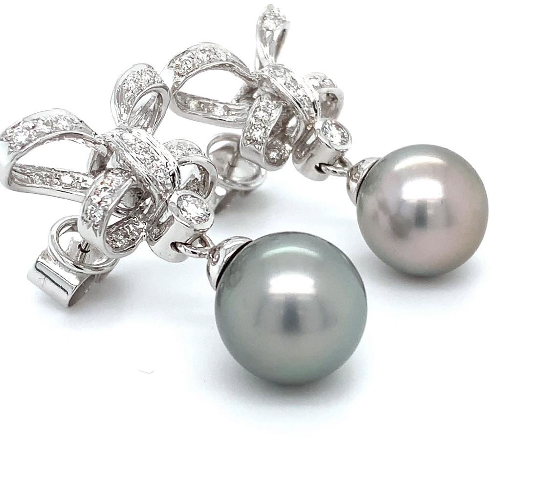 2.50ct Tahitian Grey Pearl and Diamond Drop Earrings 18K White Gold For Sale 5