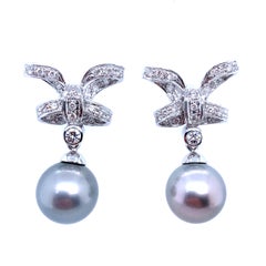 2.50ct Tahitian Grey Pearl and Diamond Drop Earrings 18K White Gold