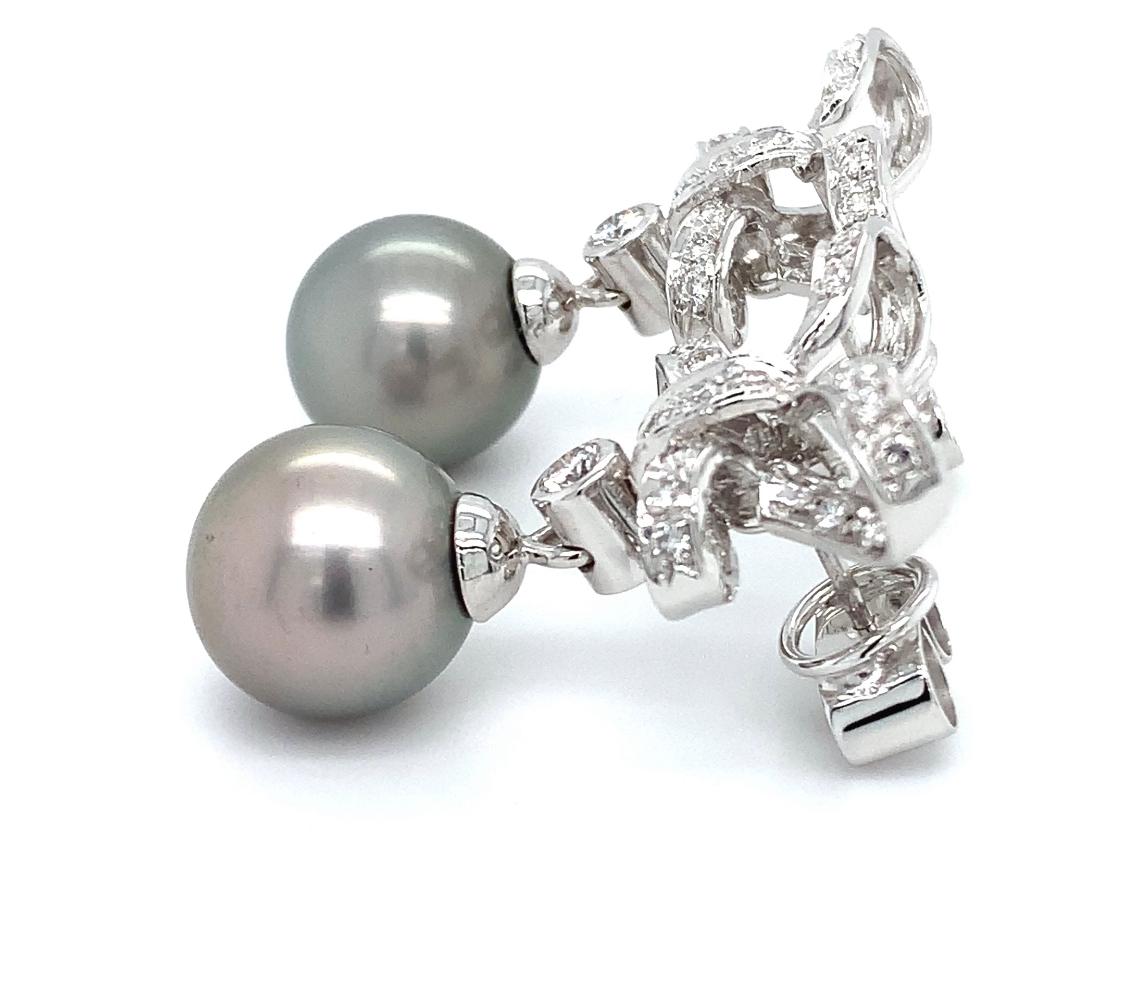 2.50ct Tahitian Grey Pearl and Diamond Drop Earrings 18K White Gold For Sale 2