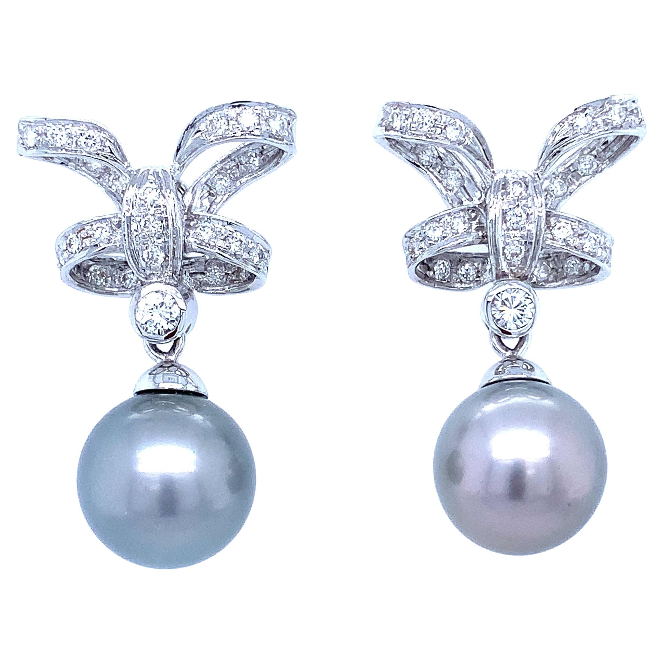 2.50ct Tahitian Grey Pearl and Diamond Drop Earrings 18K White Gold For Sale