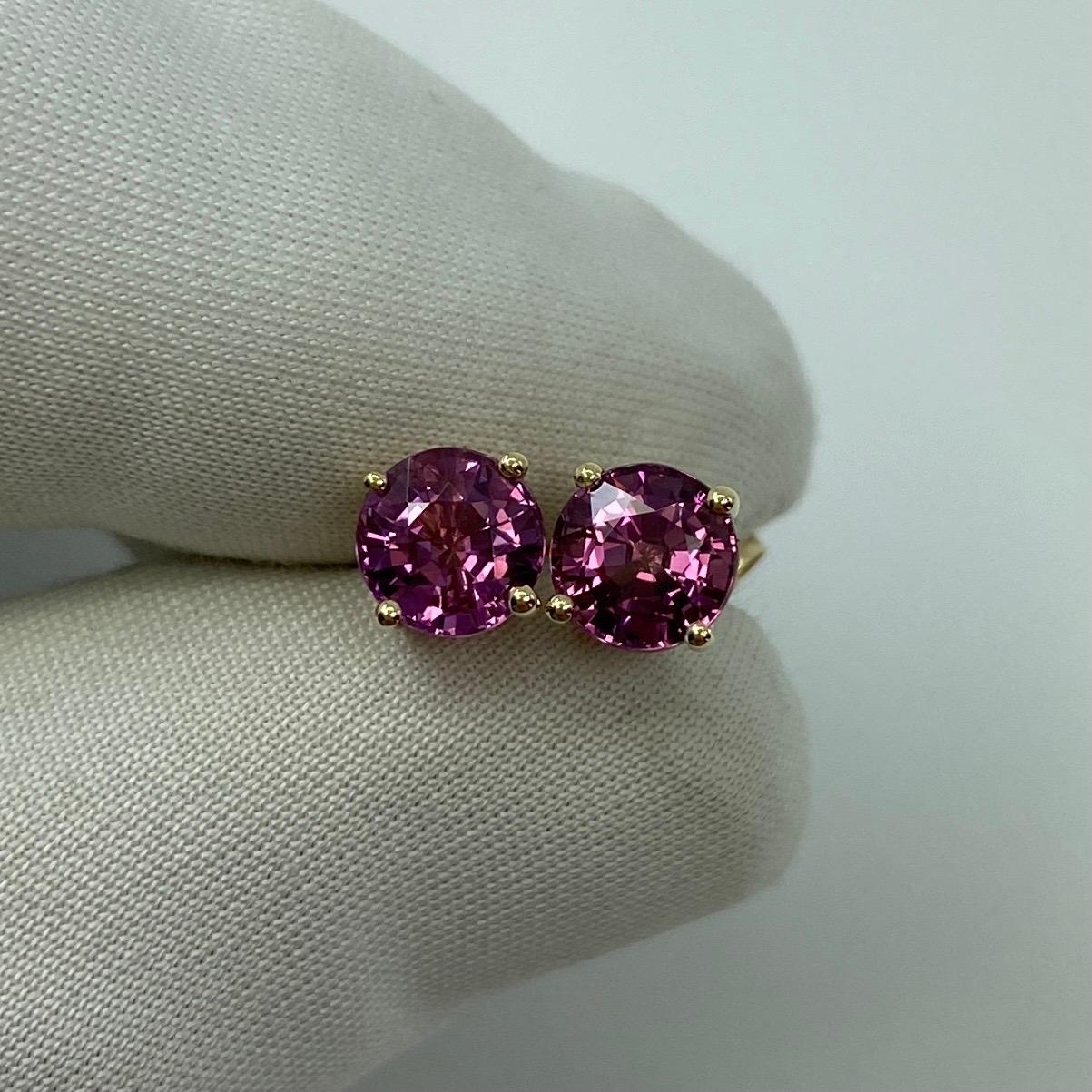 2.50ct Vivid Pink Purple Rhodolite Garnet Yellow Gold Round Cut Earring Studs 6