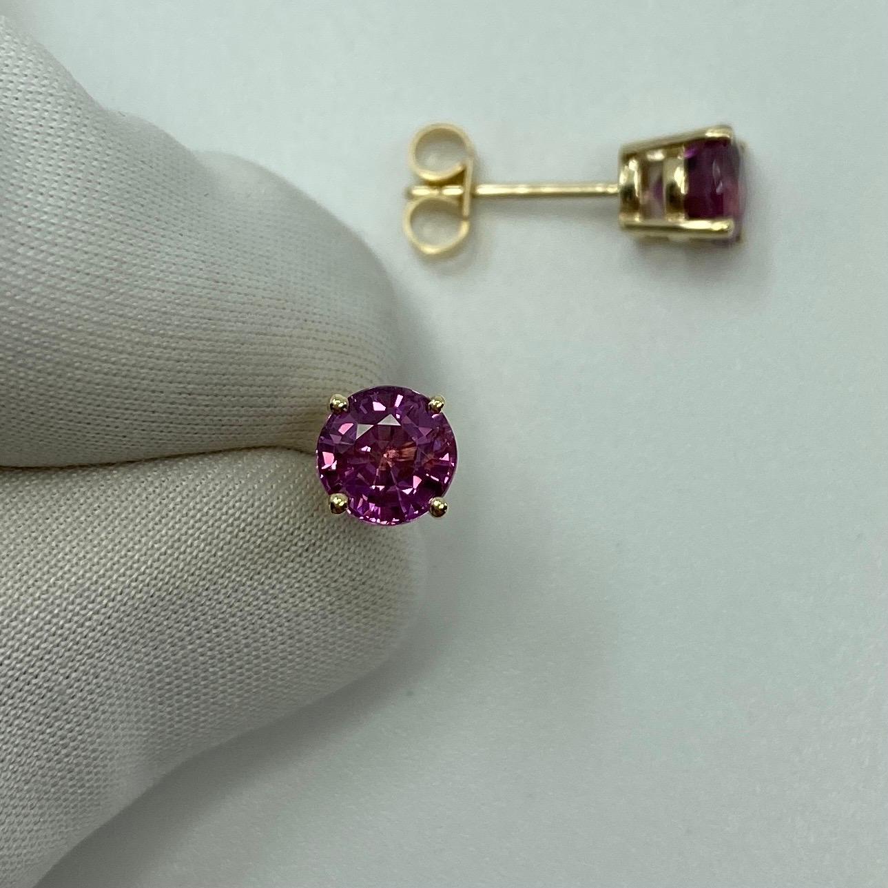 2.50ct Vivid Pink Purple Rhodolite Garnet Yellow Gold Round Cut Earring Studs 7