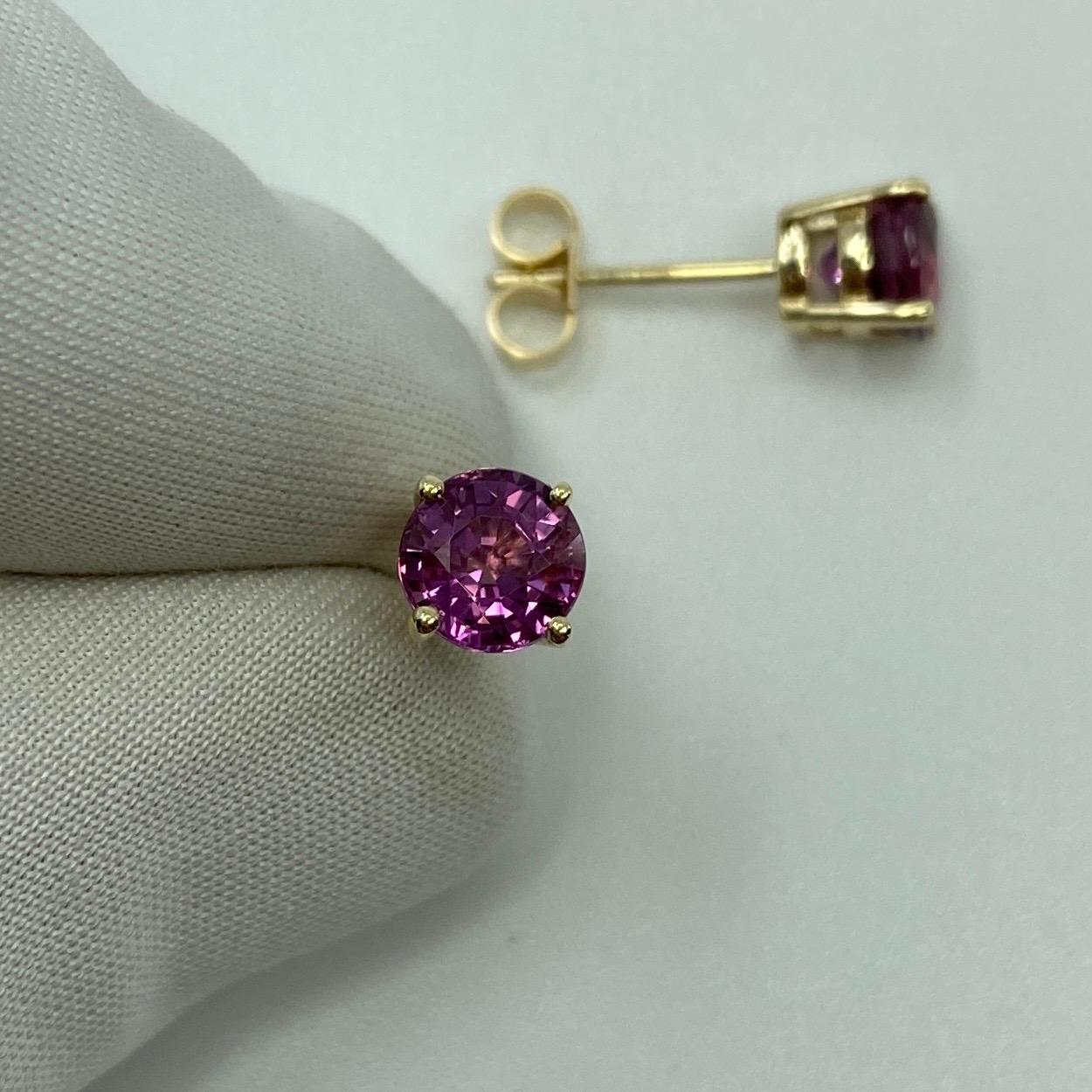 2.50ct Vivid Pink Purple Rhodolite Garnet Yellow Gold Round Cut Earring Studs 8