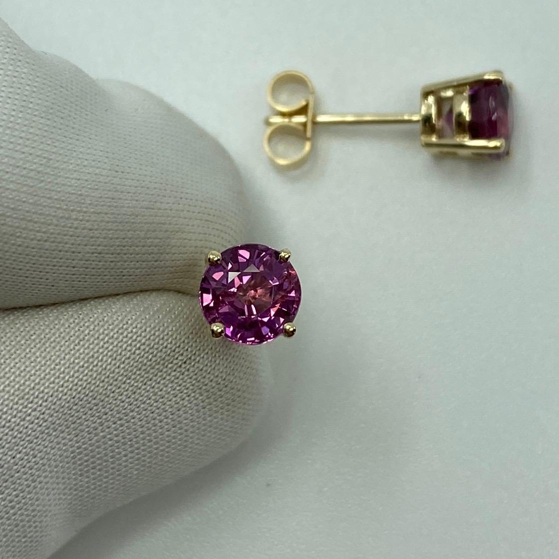 Women's or Men's 2.50ct Vivid Pink Purple Rhodolite Garnet Yellow Gold Round Cut Earring Studs