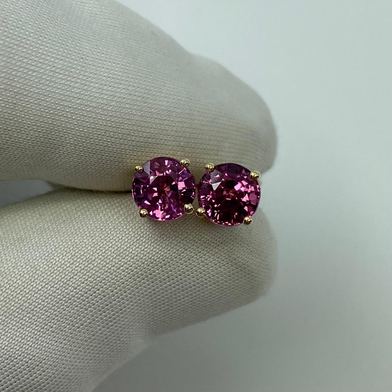 2.50ct Vivid Pink Purple Rhodolite Garnet Yellow Gold Round Cut Earring Studs 1
