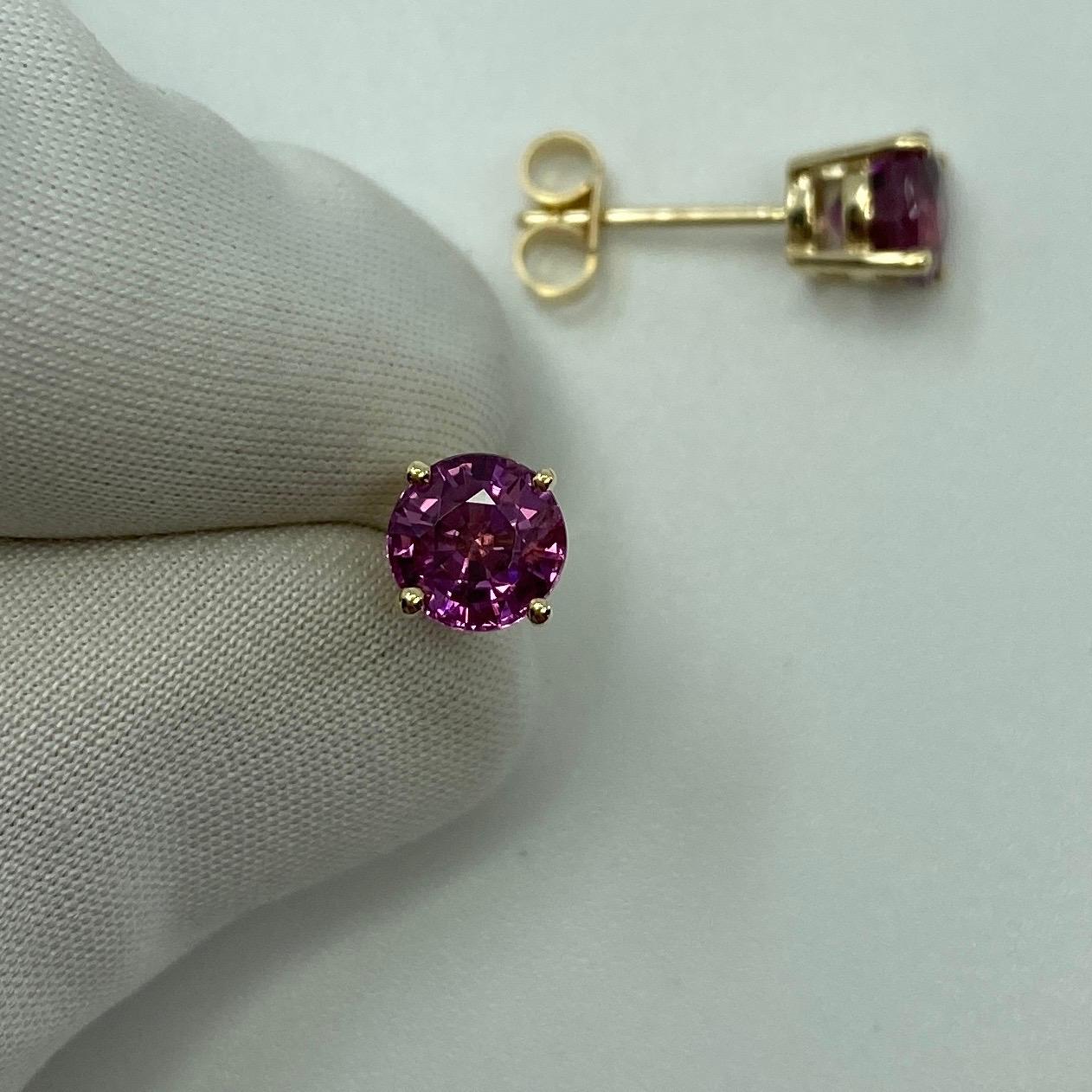 2.50ct Vivid Pink Purple Rhodolite Garnet Yellow Gold Round Cut Earring Studs 2