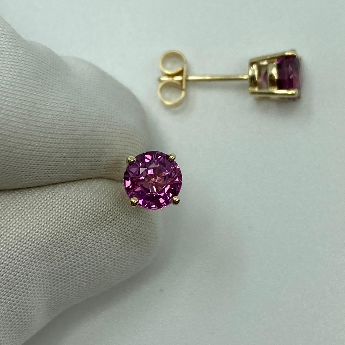 2.50ct Vivid Pink Purple Rhodolite Garnet Yellow Gold Round Cut Earring Studs 3