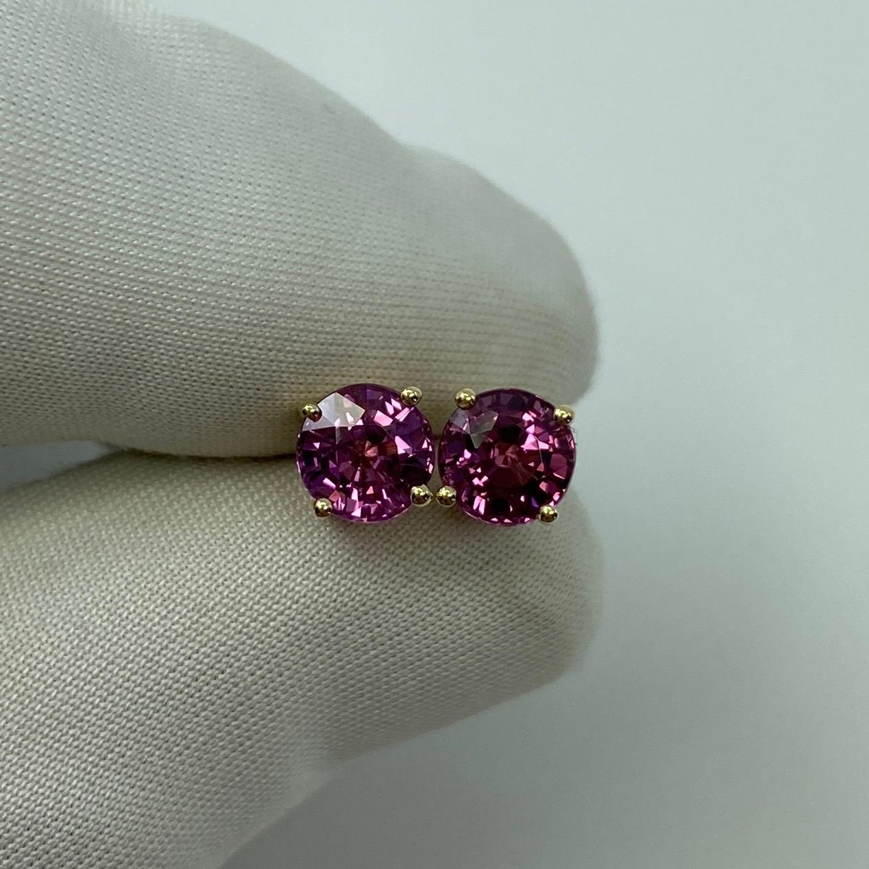 2.50ct Vivid Pink Purple Rhodolite Garnet Yellow Gold Round Cut Earring Studs 4