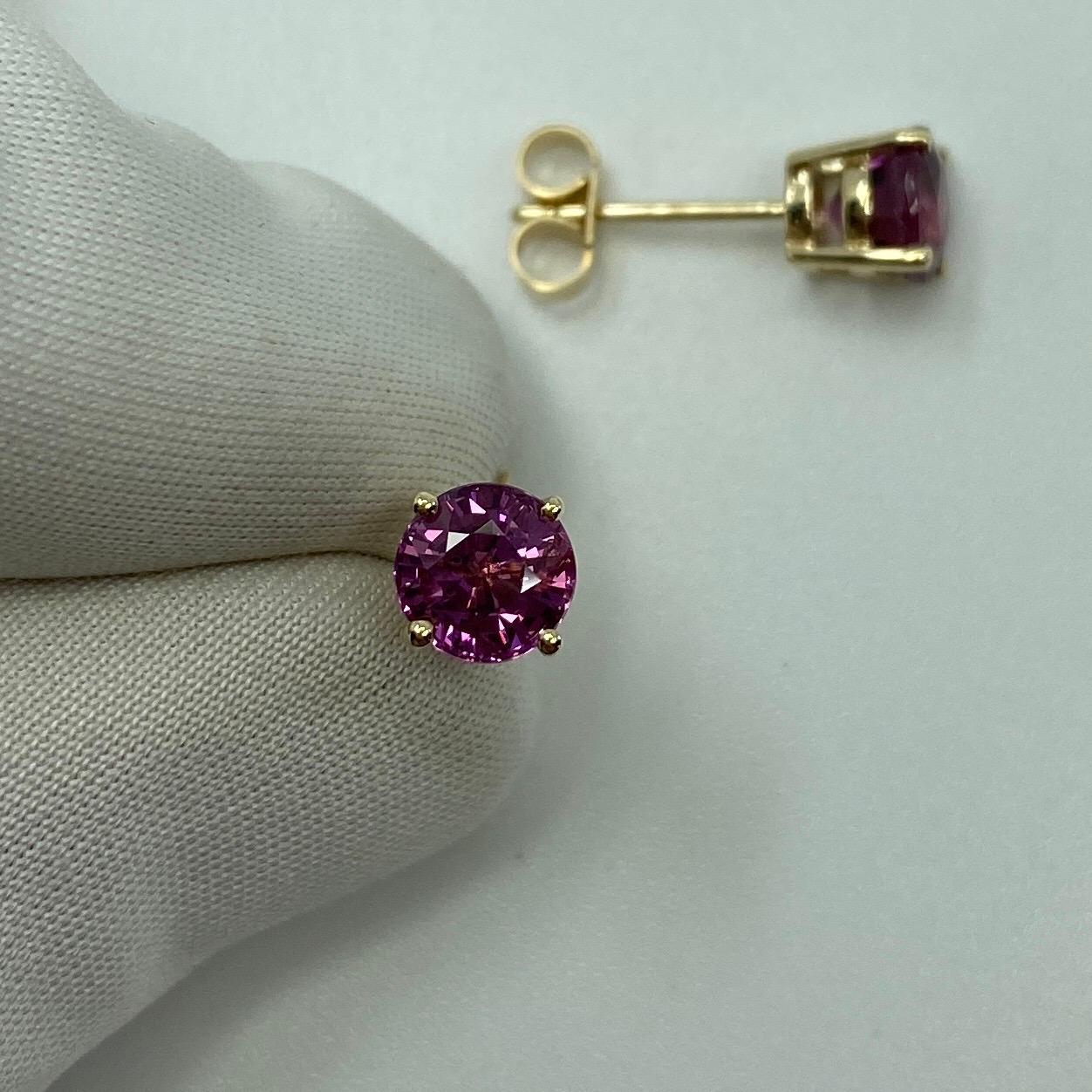 2.50ct Vivid Pink Purple Rhodolite Garnet Yellow Gold Round Cut Earring Studs 5