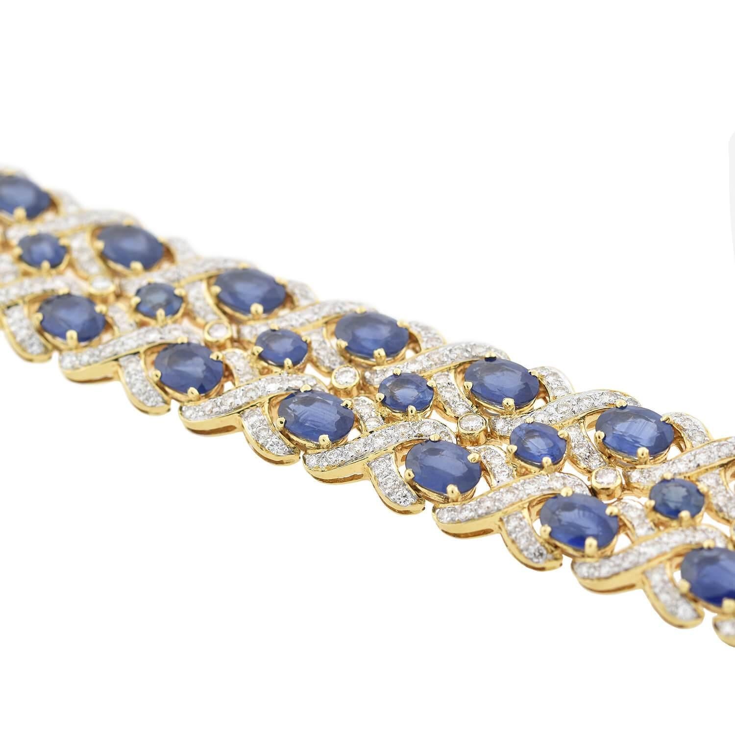 Retro 2.50 Carat Diamond and 32 Carat Sapphire Encrusted Link Bracelet