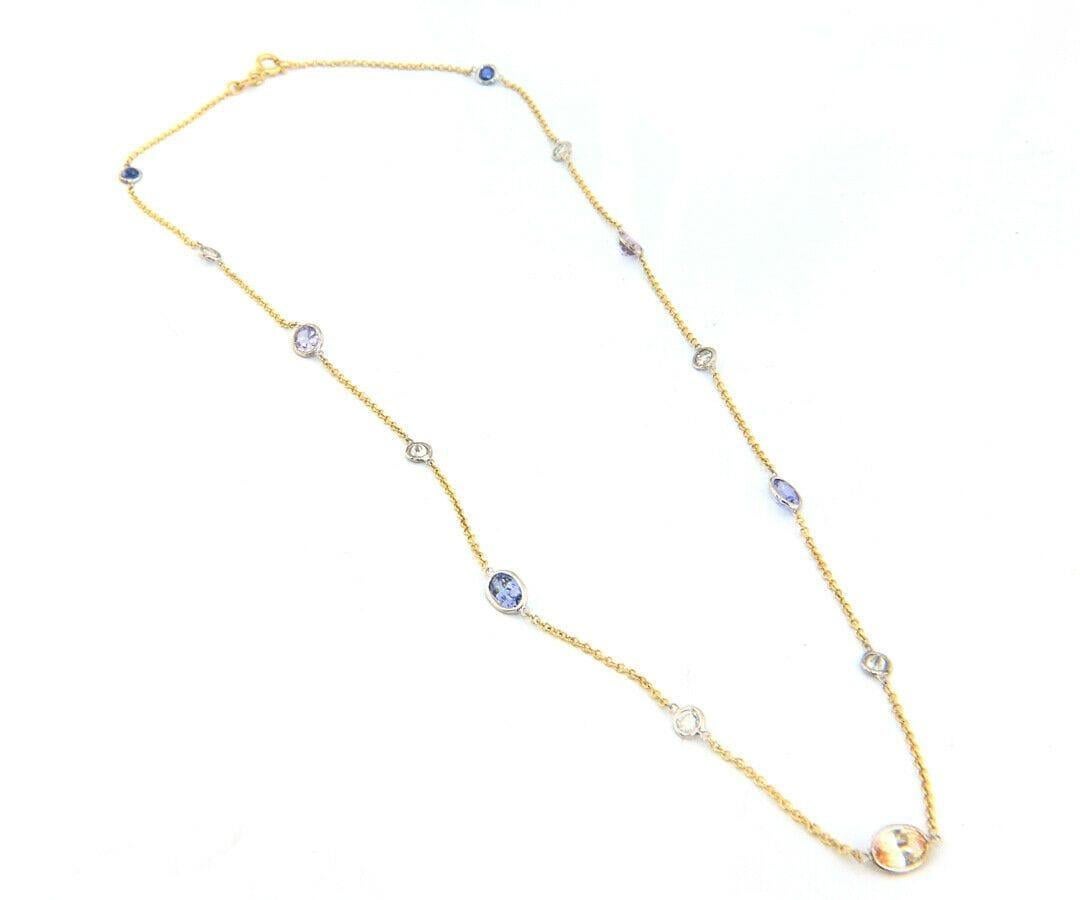 2.50ctw Fancy Sapphire and 0.64ctw Diamond Station Necklace in 14K

Fancy Sapphire and Diamond Station Necklace
14K Yellow Gold
Sapphires Carat Weight: Approx. 2.50ctw
Diamonds Carat Weight: Approx. 0.64ctw
Necklace Length: Approx. 18.0