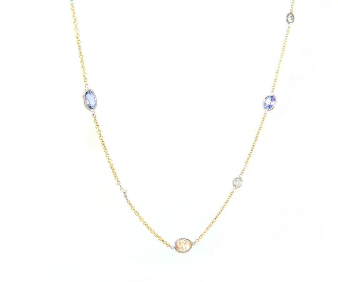 Oval Cut 2.50ctw Fancy Sapphire and 0.64ctw Diamond Station Necklace in 14K Yellow Gold For Sale