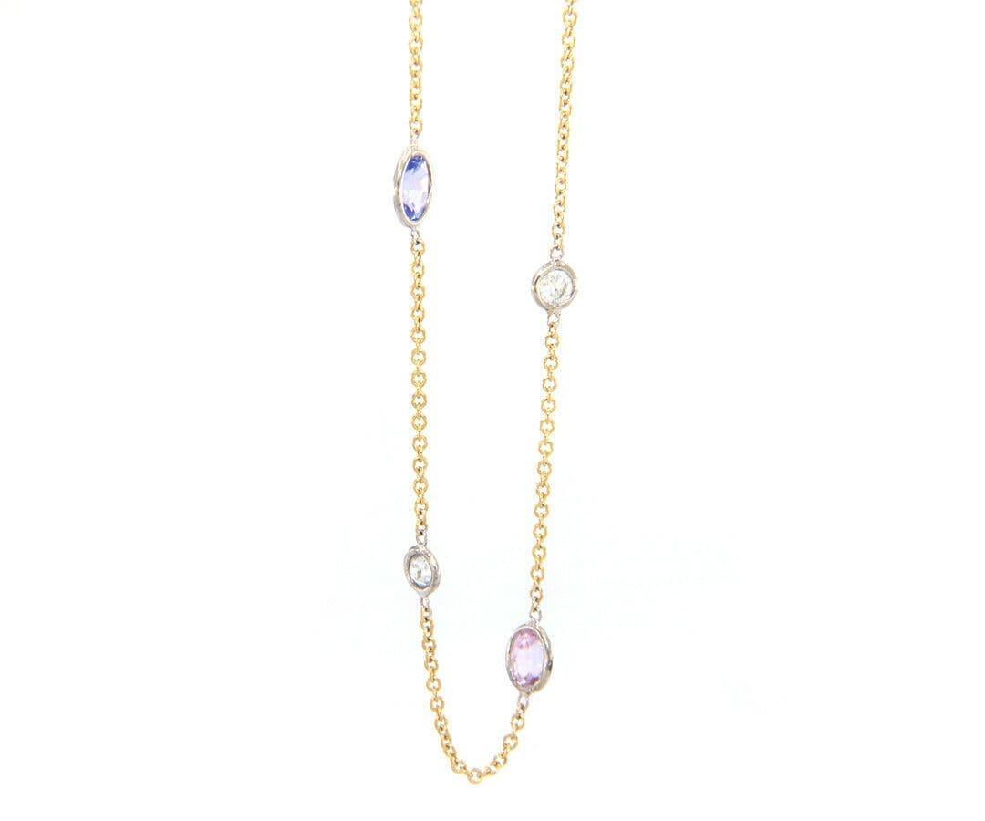 2.50ctw Fancy Sapphire and 0.64ctw Diamond Station Necklace in 14K Yellow Gold For Sale 1