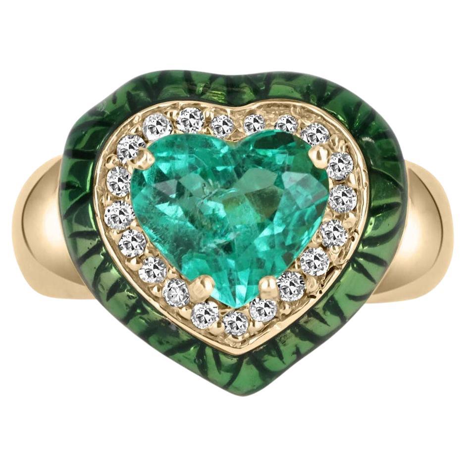 2.50tcw 14K AAA+ Natural Colombian Emerald Heart & Diamond Halo Cocktail Ring For Sale