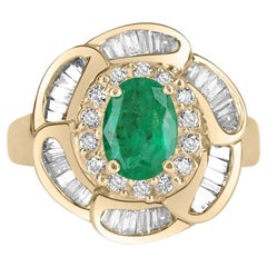 2,50tcw kolumbianischer Smaragd-Oval & Baguette runder Diamant-Blumenring 14K
