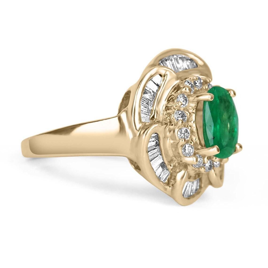 Displayed is a floral emerald & diamond ring. The center gemstone is an oval emerald with very good eye clarity and color. Accenting the gorgeous emerald are baguette-shaped diamonds in a petal design. Brilliant round diamonds halo around the