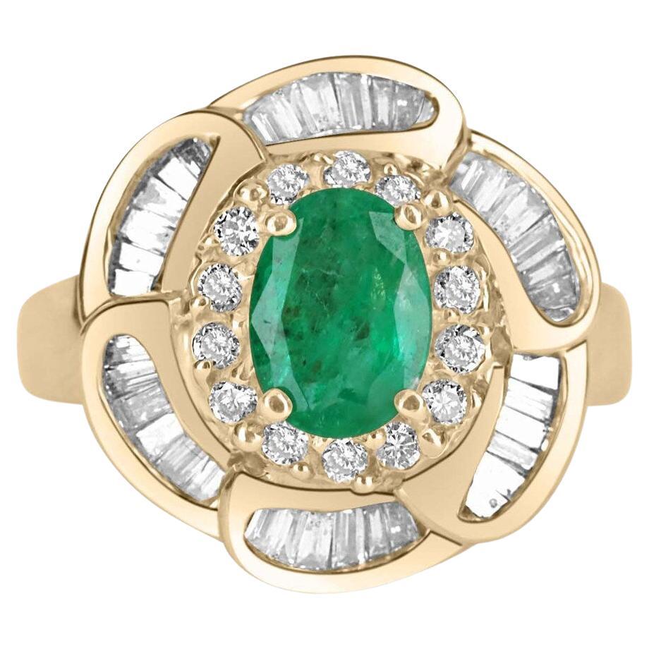 2.50tcw 14K Colombian Emerald-Oval Cut & Round and Baguette Diamond Floral Ring For Sale