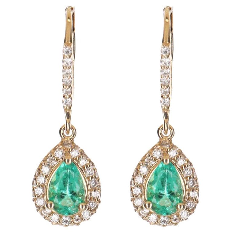 Boucles d'oreilles à poire en 14K avec émeraudes et diamants 2.50tcw (Leverback) en vente