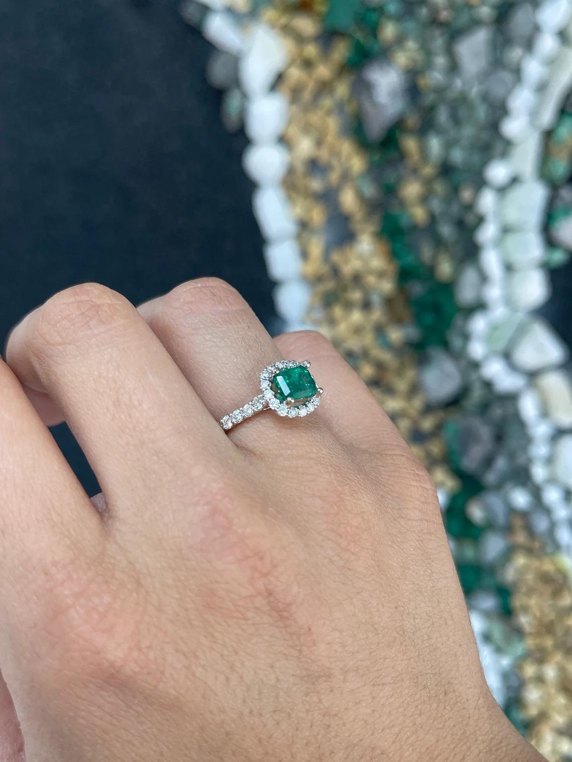 Women's 2.50tcw 14K Rich Green East to West Emerald Cut Emerald & Diamond Halo Gold Ring For Sale