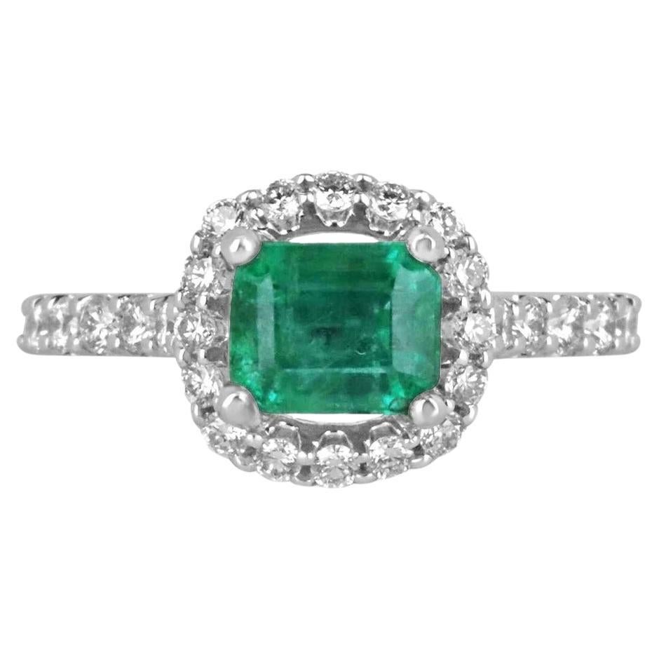 2.50tcw 14K Rich Green East to West Emerald Cut Emerald & Diamond Halo Gold Ring For Sale