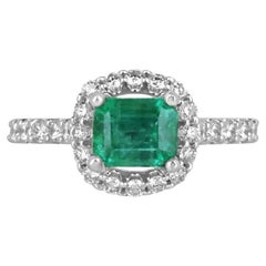 2.50tcw 14K Rich Green East to West Emerald Cut Emerald & Diamond Halo Gold Ring