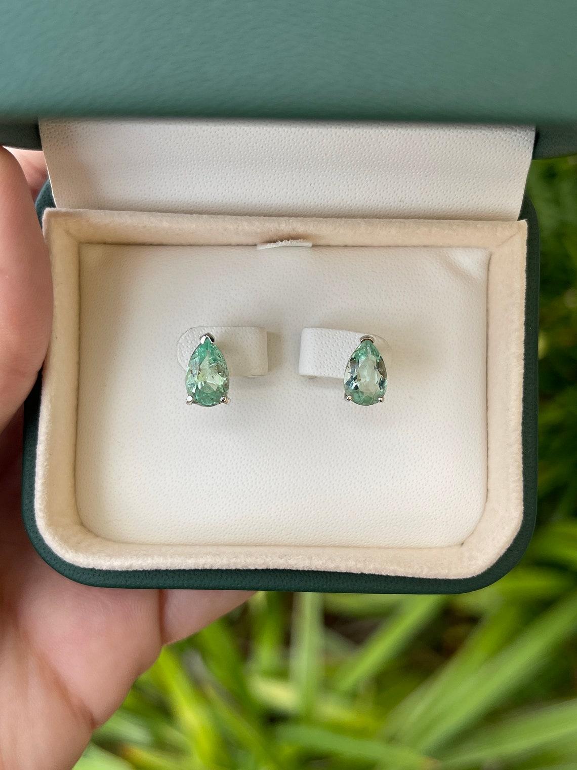Women's 2.50tcw Colombian Teardrop Emerald Stud Earrings White Gold May Birthstone Studs For Sale