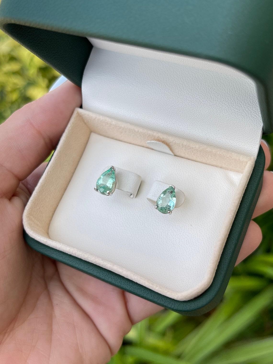2.50tcw Colombian Teardrop Emerald Stud Earrings White Gold May Birthstone Studs For Sale 1