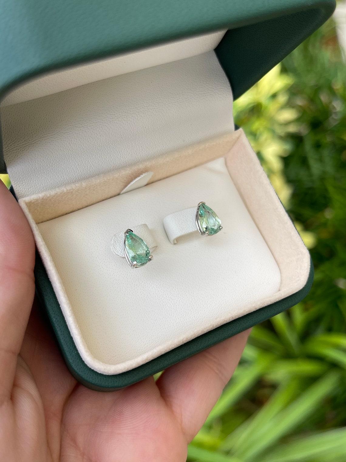 2.50tcw Colombian Teardrop Emerald Stud Earrings White Gold May Birthstone Studs For Sale 2