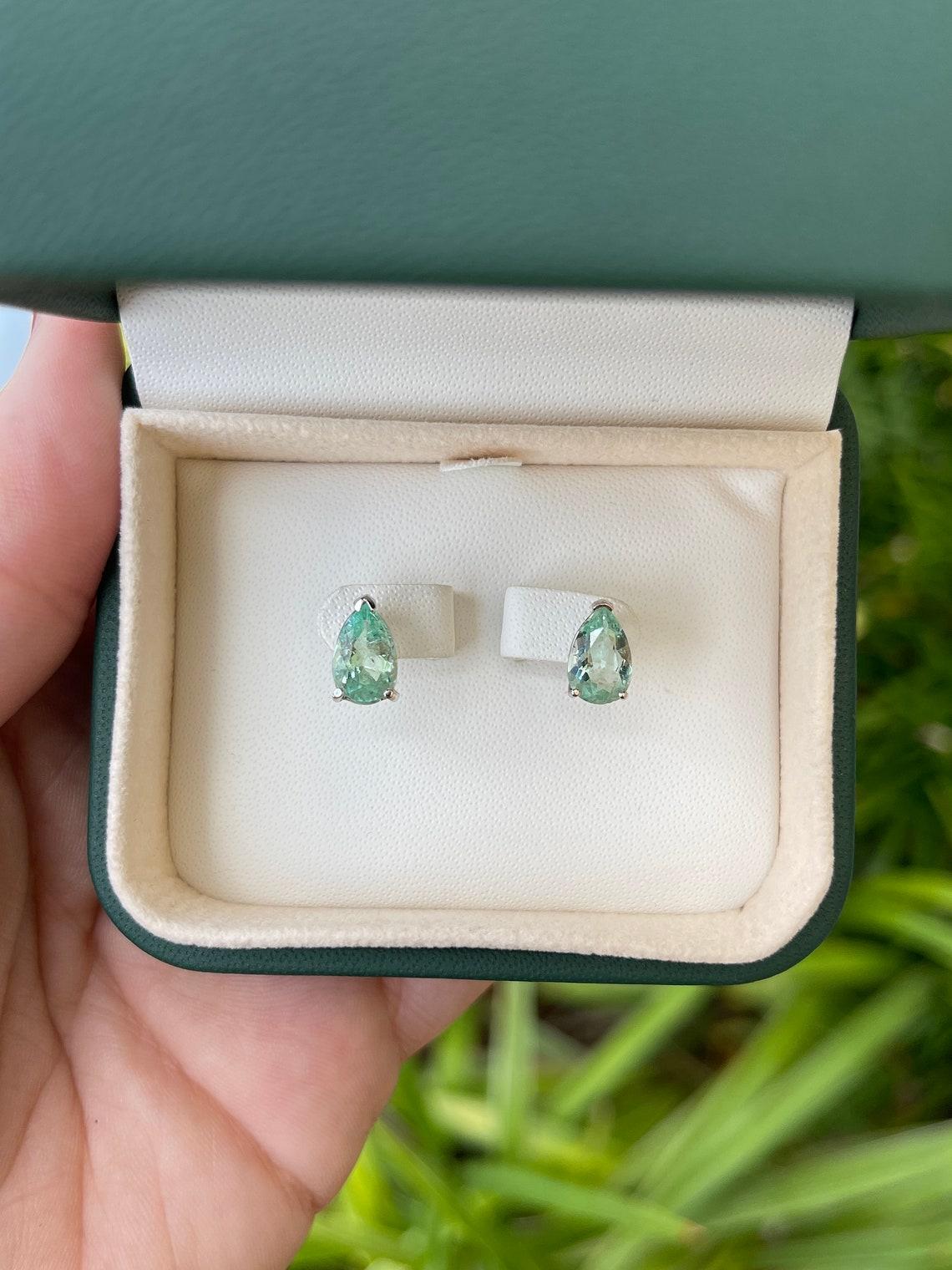 2.50tcw Colombian Teardrop Emerald Stud Earrings White Gold May Birthstone Studs For Sale 3
