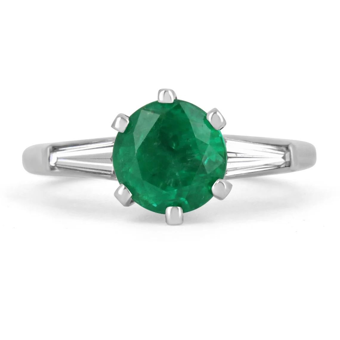 Bague de 2,50 ctw PLAT AAA+ Natural Emerald-Round Cut & Tapered Baguette Diamond Ring
