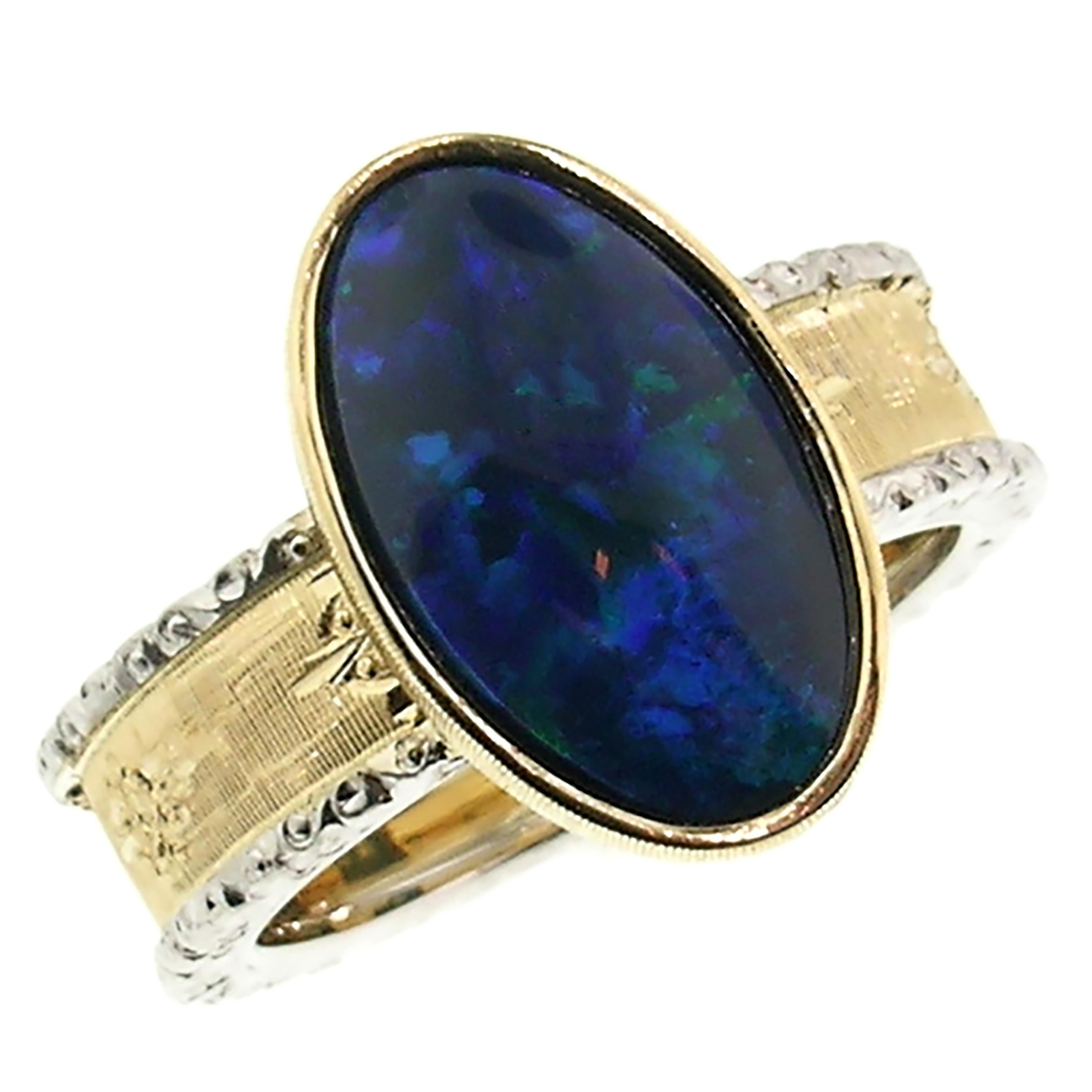 2.51 Carat Australian Black Opal in 18 Karat Hand Engraved Italian Ring