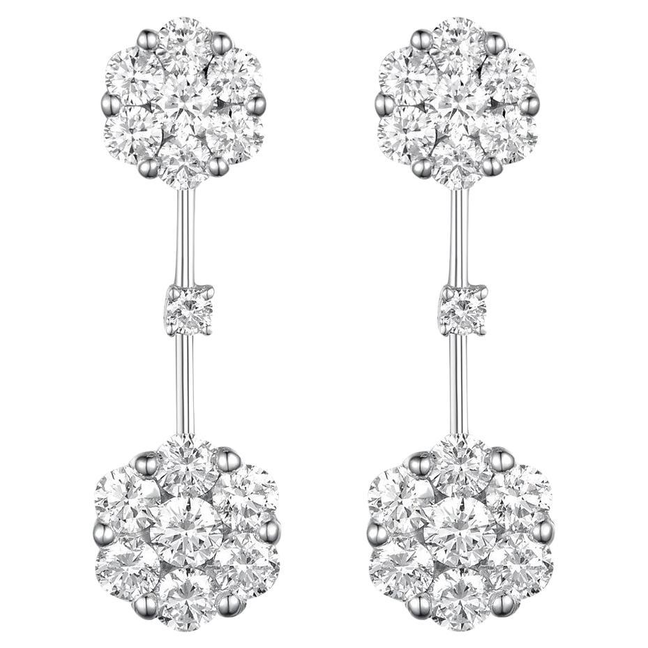 2.51 Carat Cluster Diamond Dangle Earrings in 18K White Gold For Sale