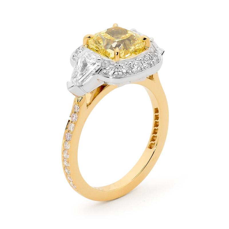 Modern 2.51 Carat Cushion Cut Yellow Diamond 18 Carat Yellow and White Gold Ring For Sale