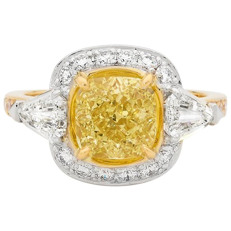 2.51 Carat Cushion Cut Yellow Diamond 18 Carat Yellow and White Gold Ring For Sale