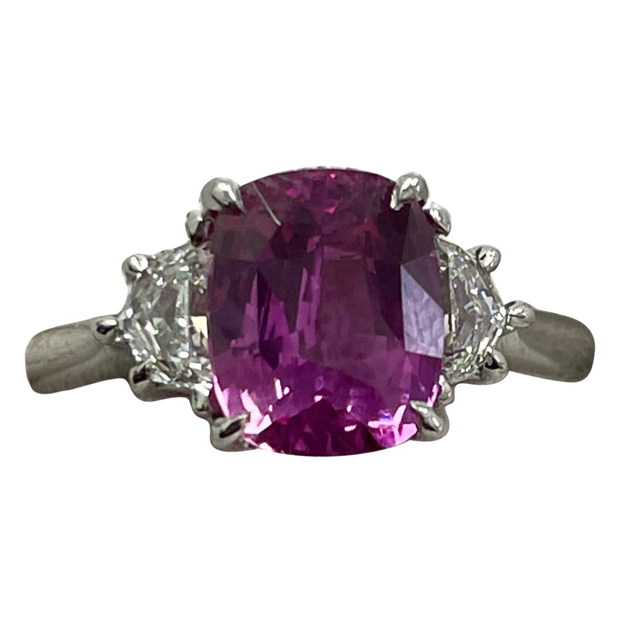 2.51 Carat Cushion Pink Sapphire 
Diamond Platinum Ring For Sale