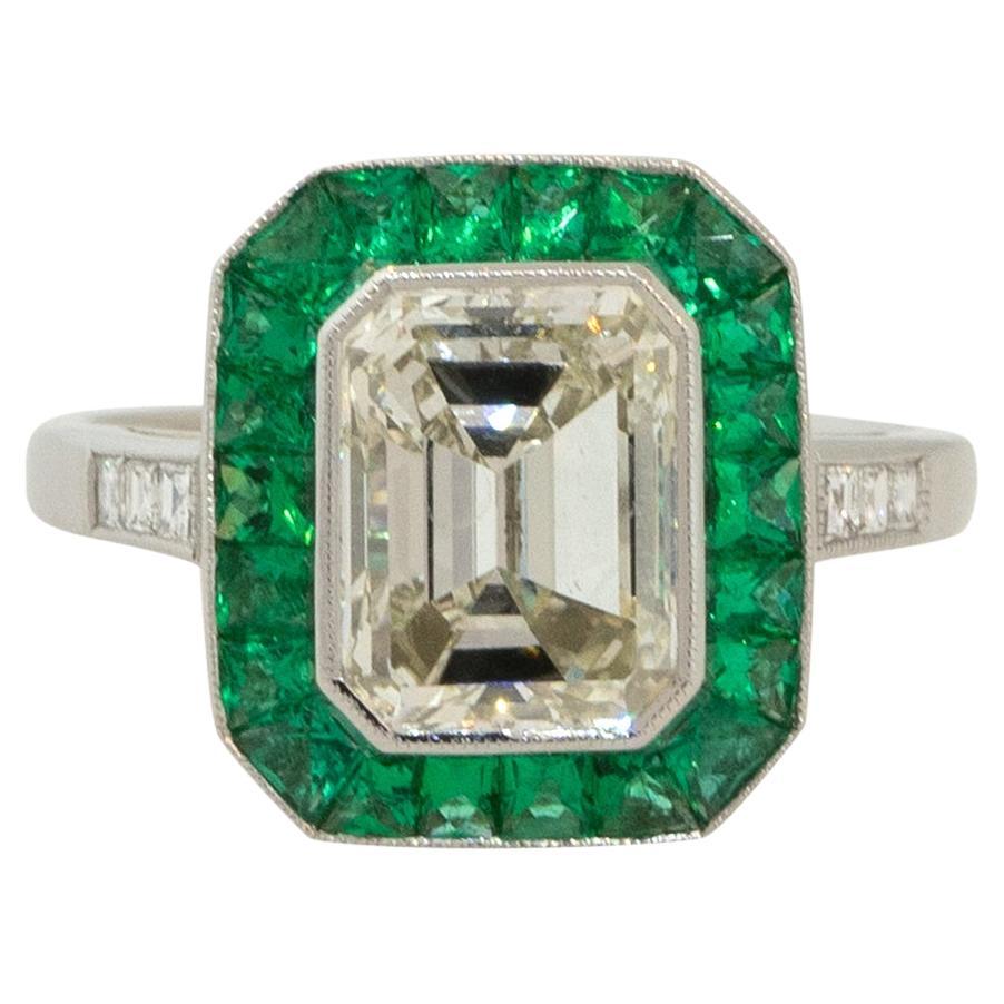 Emerald Step Cut Diamond Platinum Ring c1940 at 1stDibs