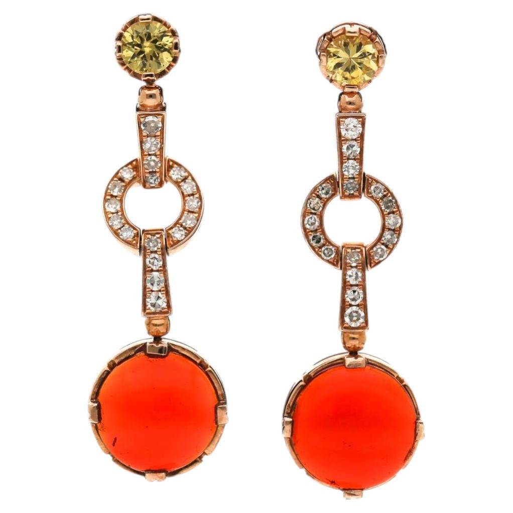 2,51 Karat Feueropal, gelber Saphir und Diamant 14K Rose Gold Tropfenohrring