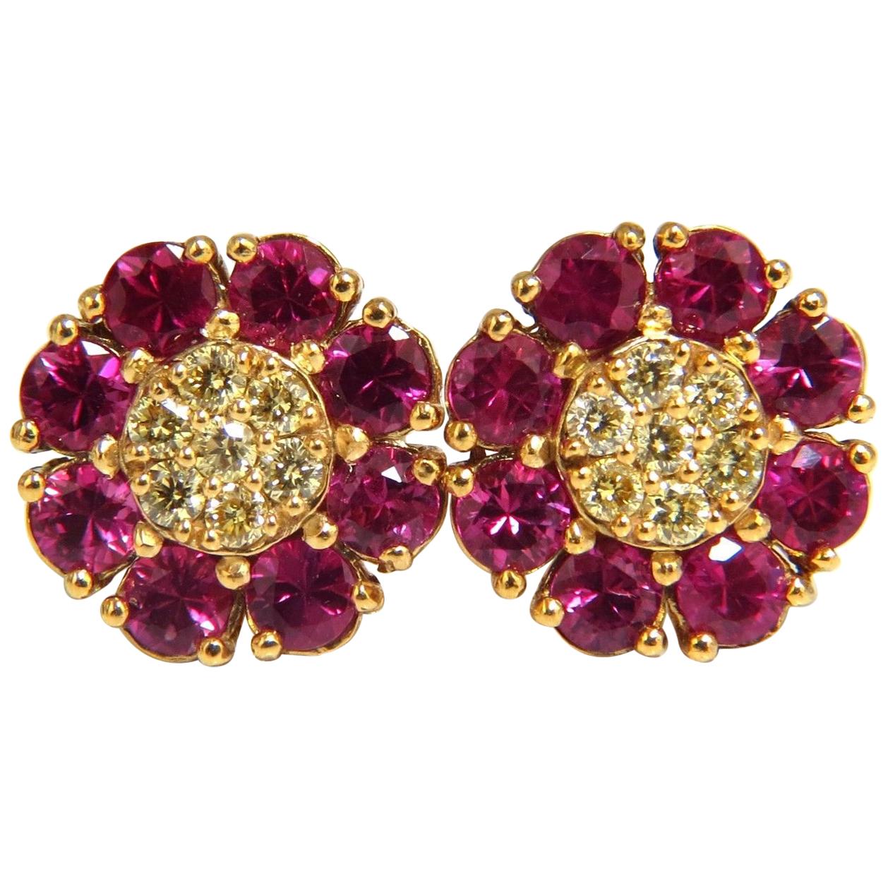 2.51 Carat Natural Fancy Yellow Diamonds Ruby Cluster Earrings 14 Karat